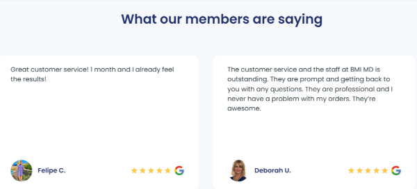 BMI GLP-1 customer reviews